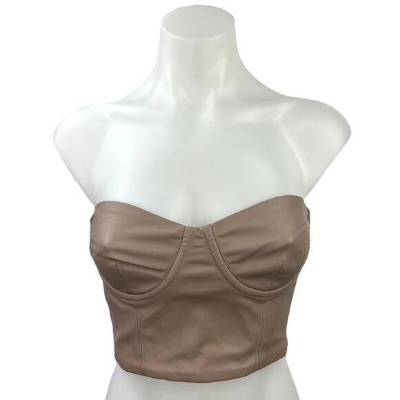 Zara Brown Faux Leather Sweetheart Neck Smocked Corset Bustier Crop Tube Top S - Picture 1 of 4